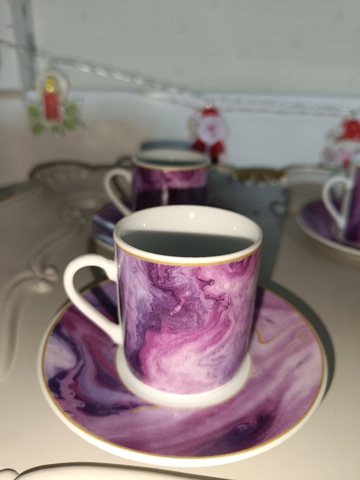 Mor Mermer Desenli 4'lü Fincan ve Tabak Seti - Görsel 2