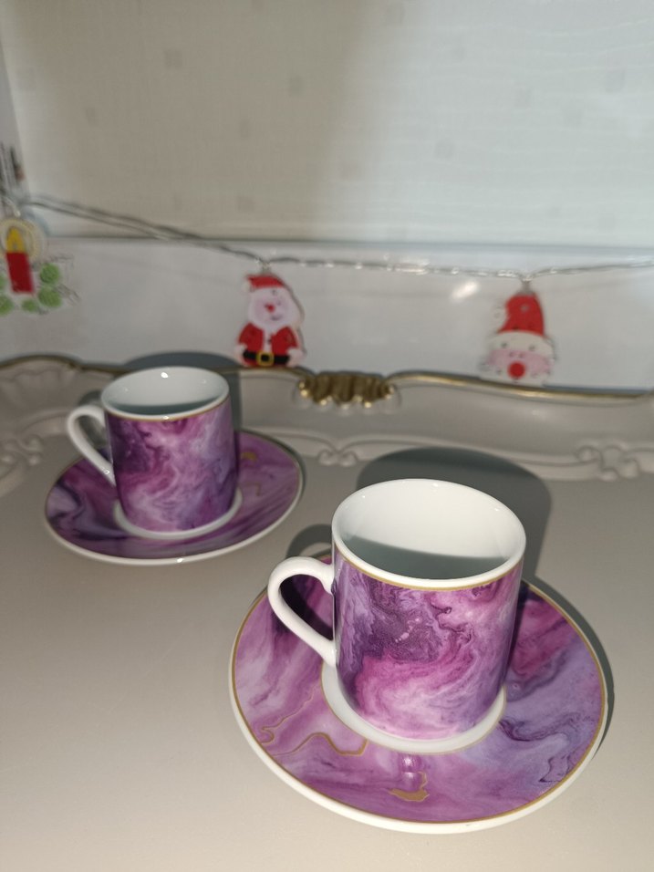 Mor Mermer Desenli 4'lü Fincan ve Tabak Seti - Görsel 3