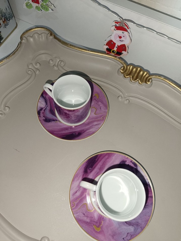 Mor Mermer Desenli 4'lü Fincan ve Tabak Seti - Görsel 4