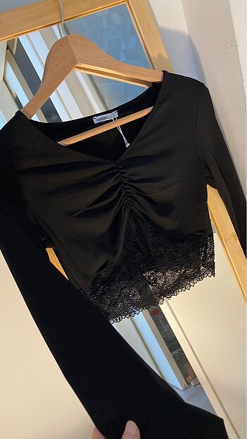 l Beden siyah Renk Addax dantelli crop bluz