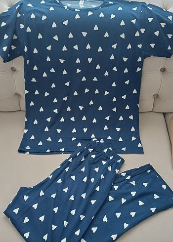 Mavi Kalp Desenli Kadın Pijama Takımı