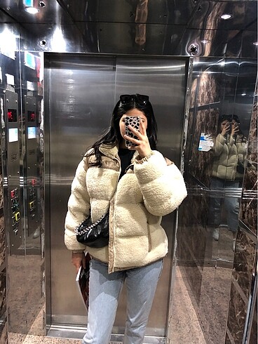 m Beden Bej Peluş Oversize Mont