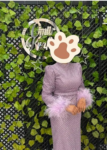Mor Uzun Kollu Kürk Detaylı Abiye Elbise