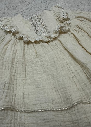 Kız Çocuk Bej Keten Fırfırlı Elbise - Görsel 3