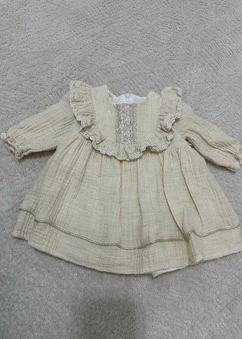 Kız Çocuk Bej Keten Fırfırlı Elbise - Görsel 2