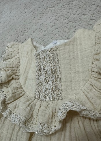 Kız Çocuk Bej Keten Fırfırlı Elbise - Görsel 4