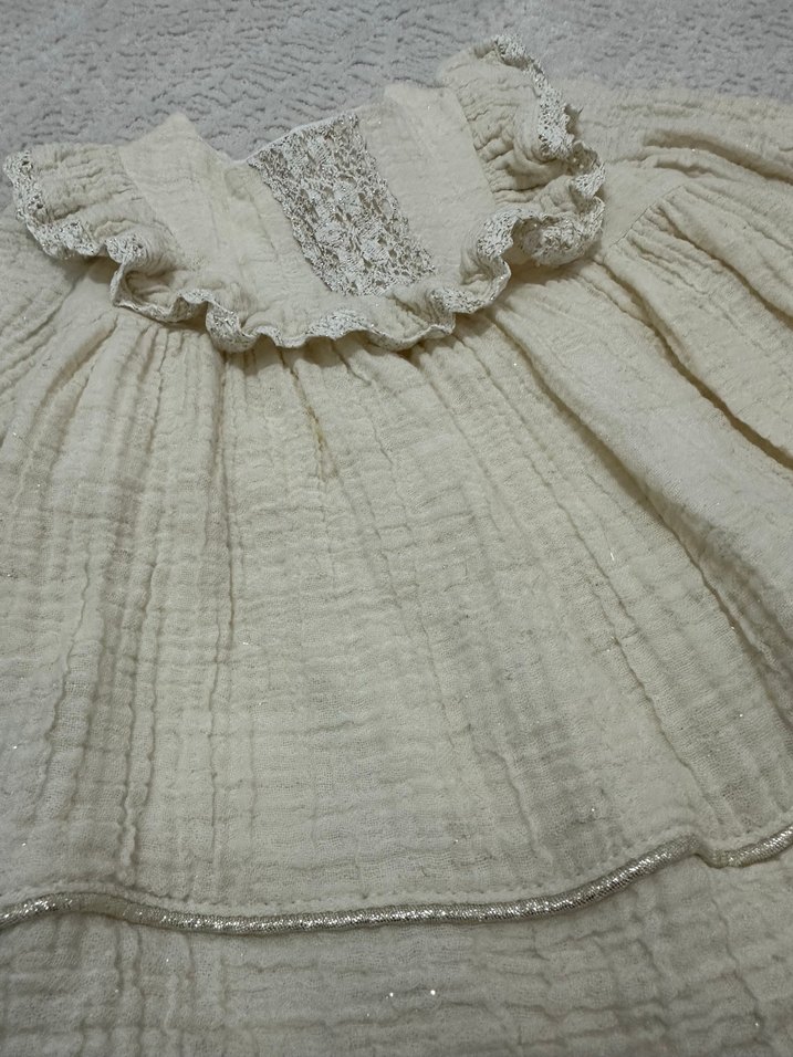 Kız Çocuk Bej Keten Fırfırlı Elbise - Görsel 3