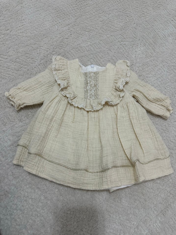 Kız Çocuk Bej Keten Fırfırlı Elbise - Görsel 2