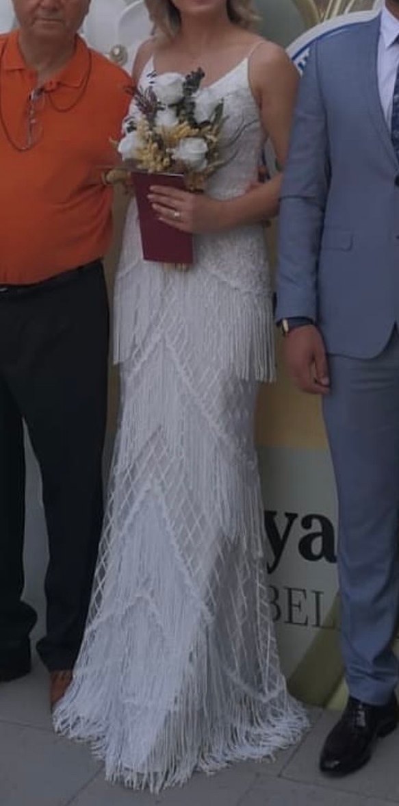 Bohem Tarz V Yaka Uzun Denizkızı Gelinlik - Görsel 5