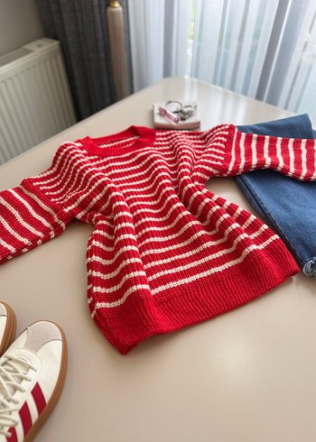 Renkli Çizgili Kırmızı Triko Kadın Kazak - Görsel 4