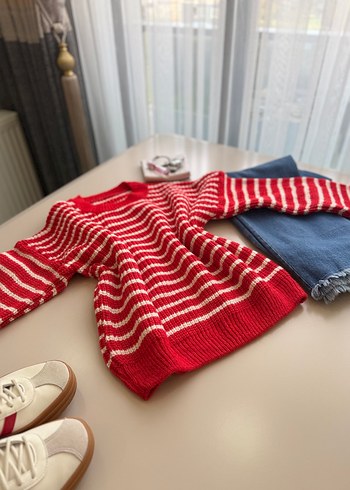 Renkli Çizgili Kırmızı Triko Kadın Kazak - Görsel 3