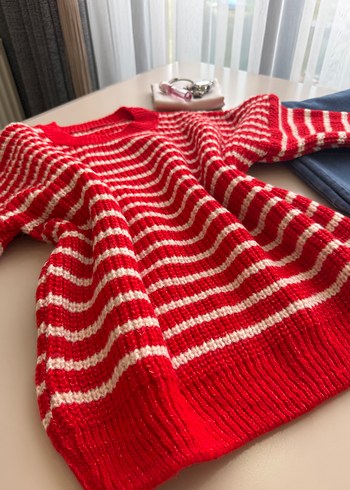 Renkli Çizgili Kırmızı Triko Kadın Kazak - Görsel 2