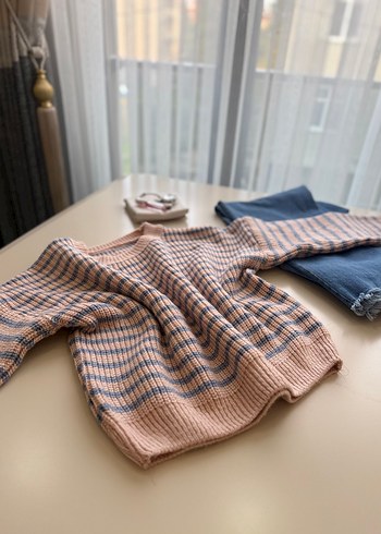 Pembe Çizgili Örgü Kadın Kazak - Görsel 2