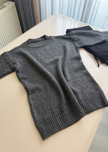 Gri Kadın Triko Bisiklet Yaka Kazak - Görsel 2