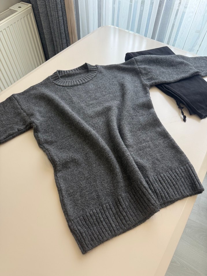 Gri Kadın Triko Bisiklet Yaka Kazak - Görsel 2