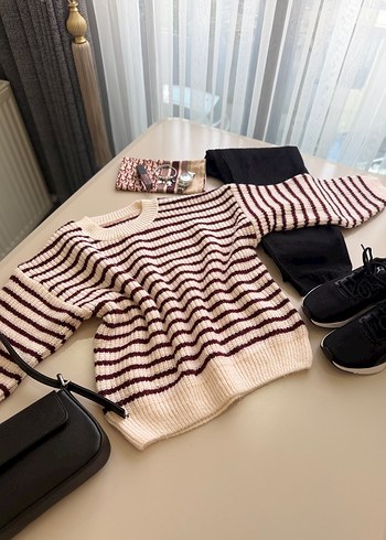 Bordo Çizgili Örgü Kadın Kazak - Görsel 4