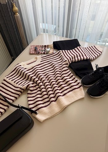 Bordo Çizgili Örgü Kadın Kazak - Görsel 3