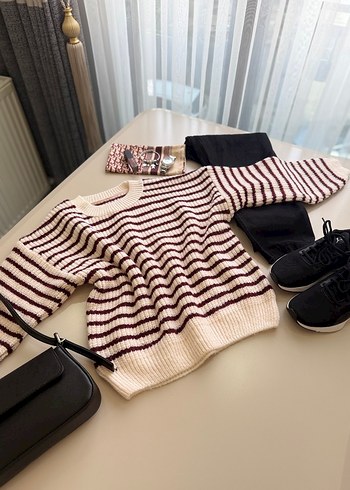 Bordo Çizgili Örgü Kadın Kazak - Görsel 2