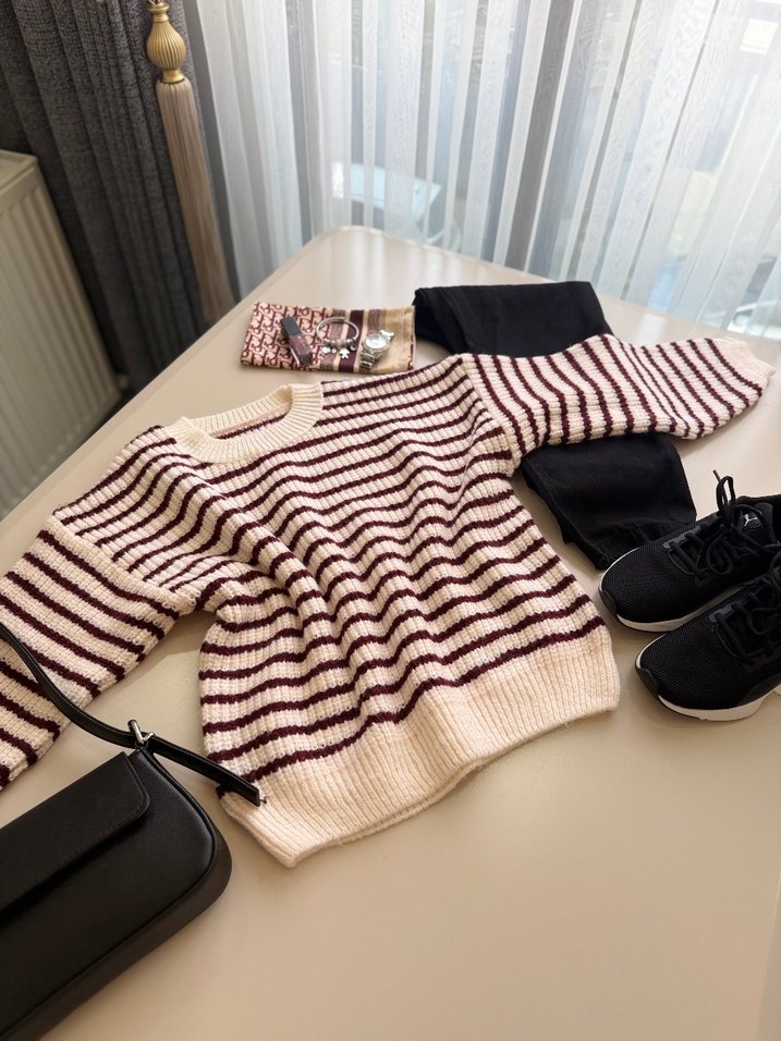 Bordo Çizgili Örgü Kadın Kazak - Görsel 4