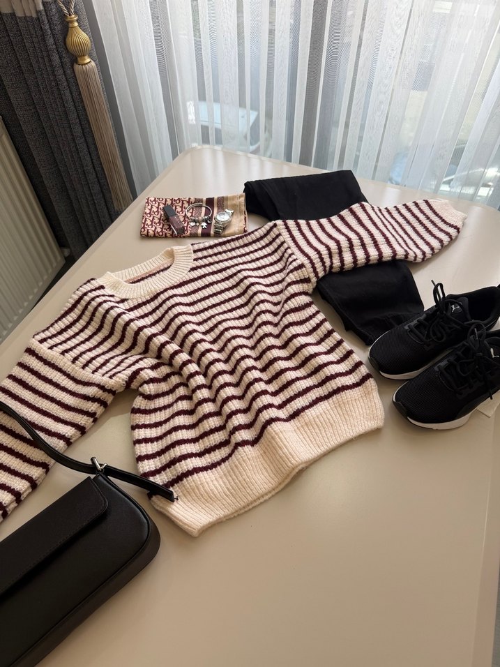 Bordo Çizgili Örgü Kadın Kazak - Görsel 3