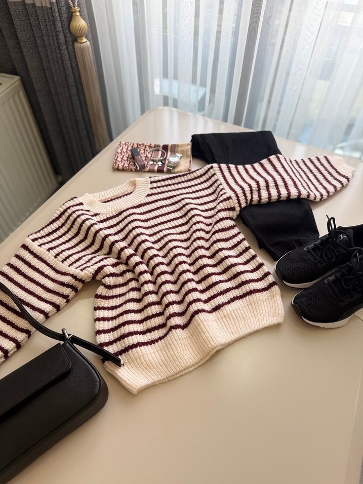 Bordo Çizgili Örgü Kadın Kazak - Görsel 2