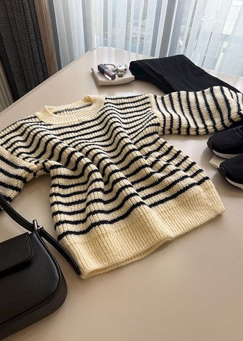 Çizgili Örgü Kadın Kazak - Görsel 3