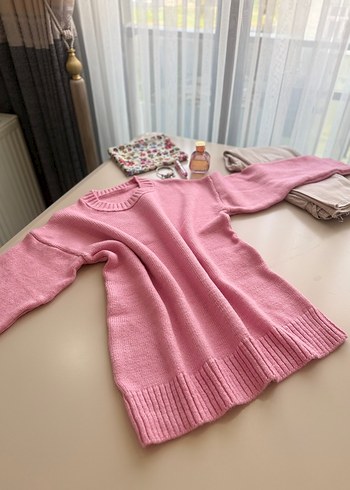 Pembe Örgü Kadın Triko Kazak - Görsel 2