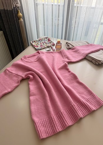 Pembe Örgü Kadın Triko Kazak - Görsel 3