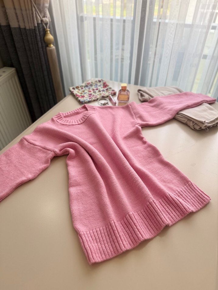 Pembe Örgü Kadın Triko Kazak - Görsel 2