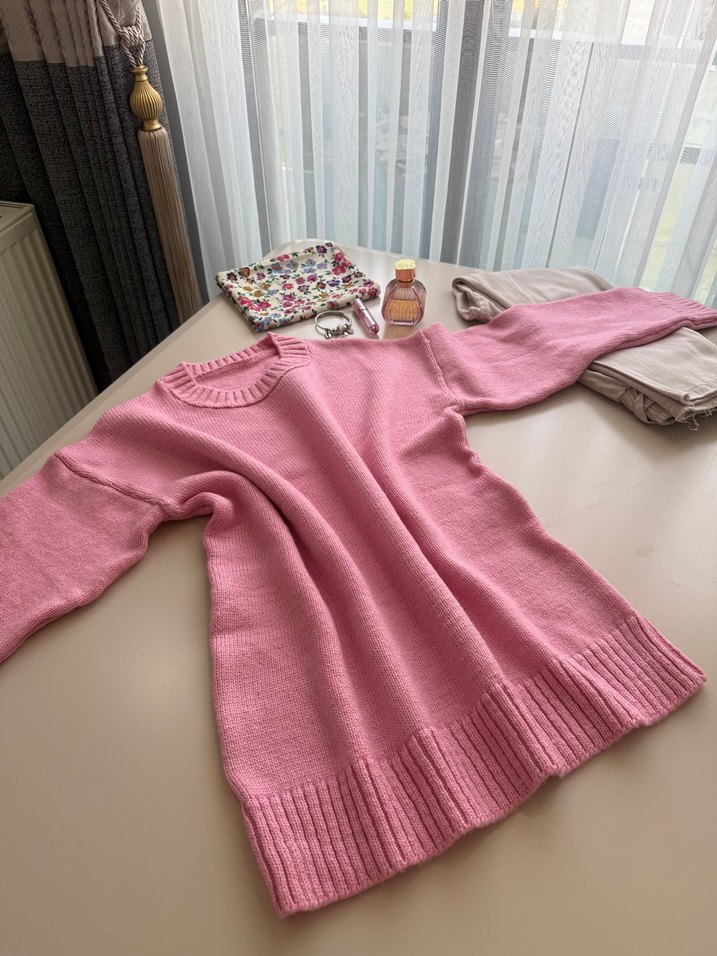 Pembe Örgü Kadın Triko Kazak - Görsel 3