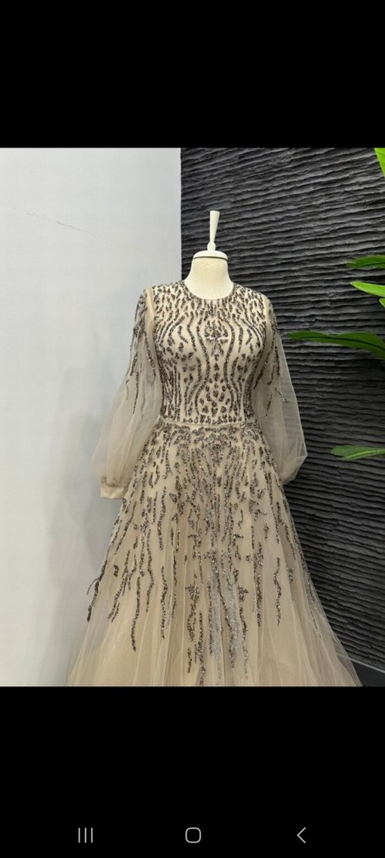 Boncuk İşlemeli Uzun Kollu Bej Abiye Elbise - Görsel 2