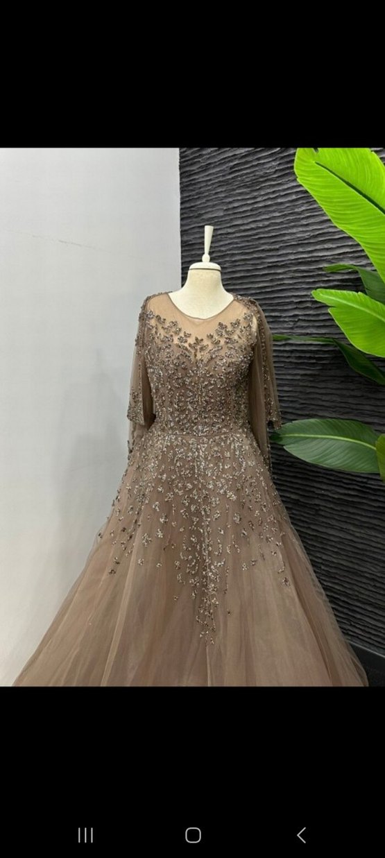 Uzun Kol İşlemeli V Yakalı Bej Abiye - Görsel 3