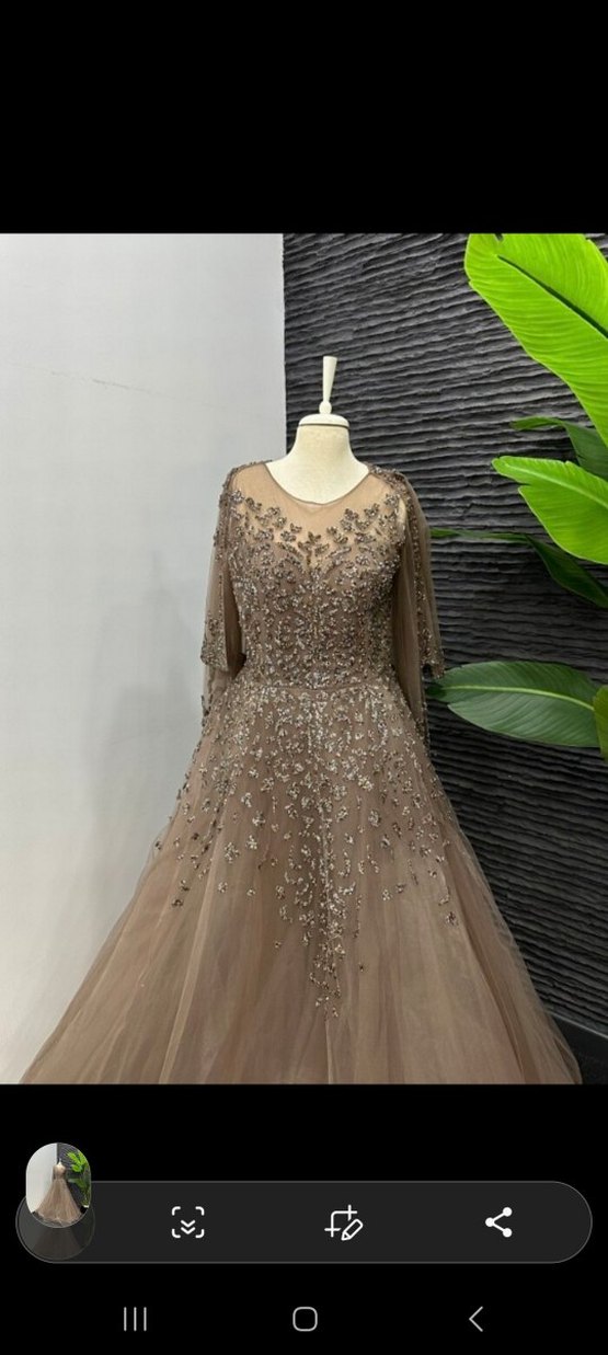 Uzun Kol İşlemeli V Yakalı Bej Abiye - Görsel 2