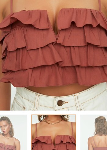 Fırfırlı V Yaka Kısa Pamuklu Bluz SIFIR ÜRÜN - Görsel 3