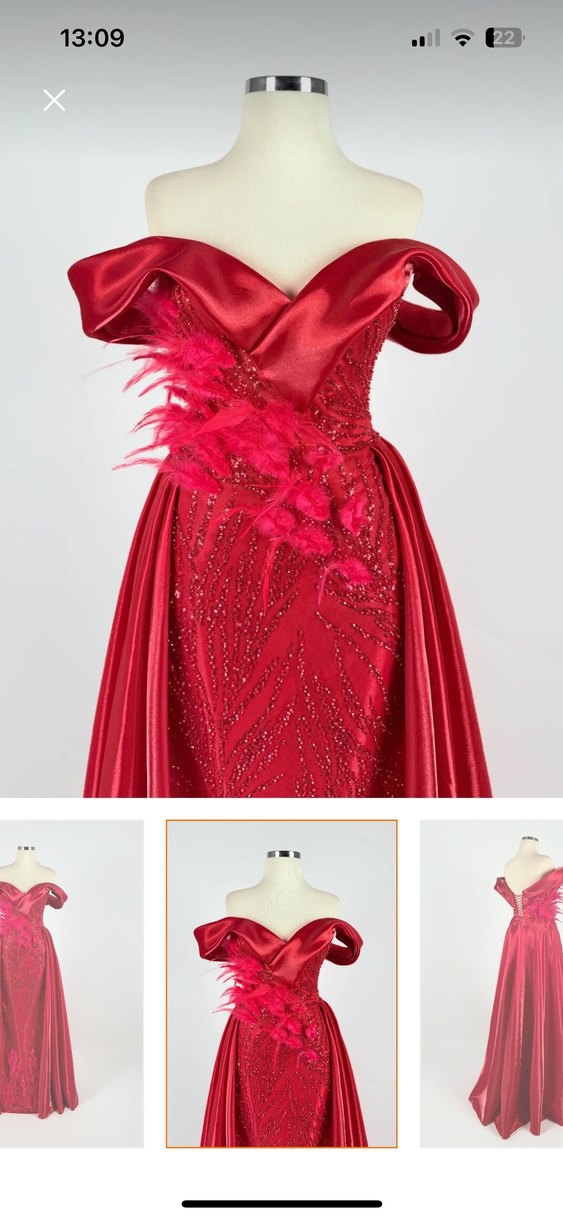 Kırmızı İşlemeli Straplez Uzun Abiye - Görsel 2