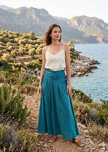Diğer Bohem Siklik Turkuaz Yuksek Bel Maxi Etek