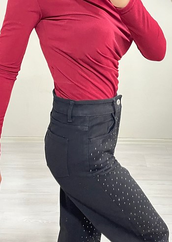 Diğer Kadın Siyah Puantiyeli Bol Kesim Kot Pantolon