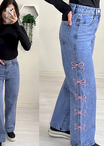 Pembe Nakışlı Fiyonklu Kadın Denim Pantolon