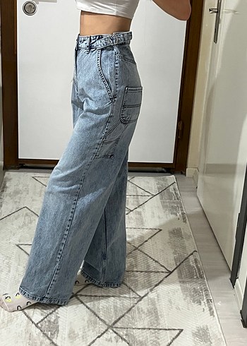 Diğer Geniş Kesim Bağcıklı Mavi Denim Pantolon