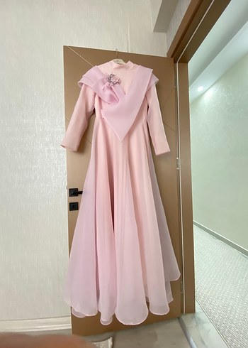 Pembe Uzun Kollu Drapeli Kadın Abiye Elbise