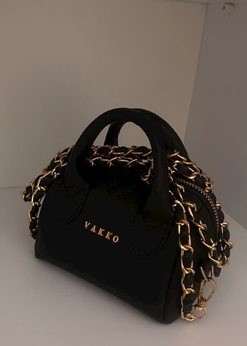 Vakko Zincir Detaylı Siyah Deri Yılan Desenli Çanta - Görsel 2