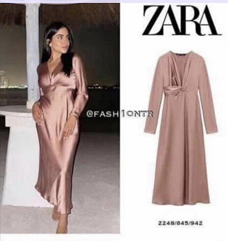 xs Beden Zara saten pudra rengi uzun elbise