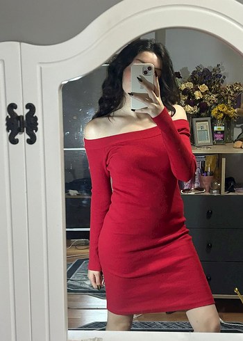 s Beden Kırmızı Uzun Kollu Midi Triko Elbise