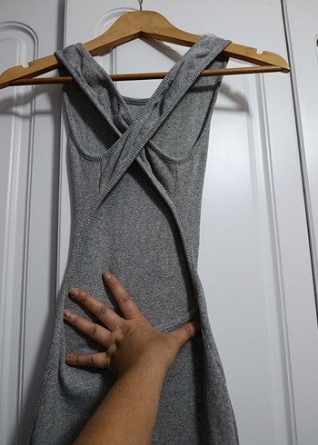 Gri Kolsuz Midi Kadın Elbise - Görsel 3