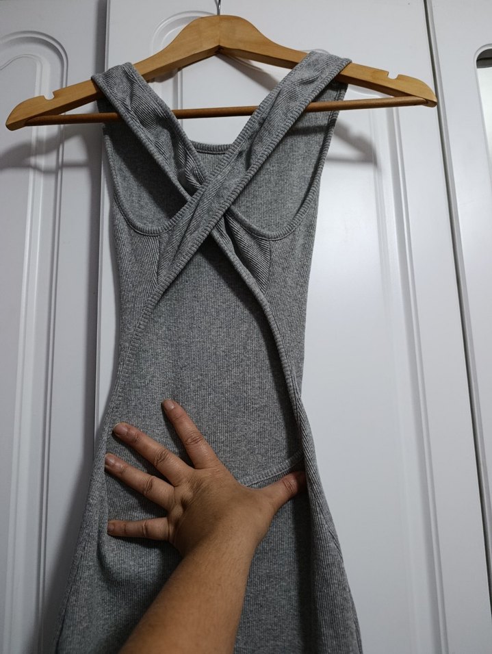 Gri Kolsuz Midi Kadın Elbise - Görsel 3