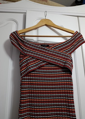 Çizgili, Pilili Mini Kadın Elbise - Görsel 3