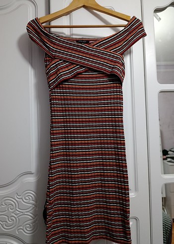 Çizgili, Pilili Mini Kadın Elbise - Görsel 2