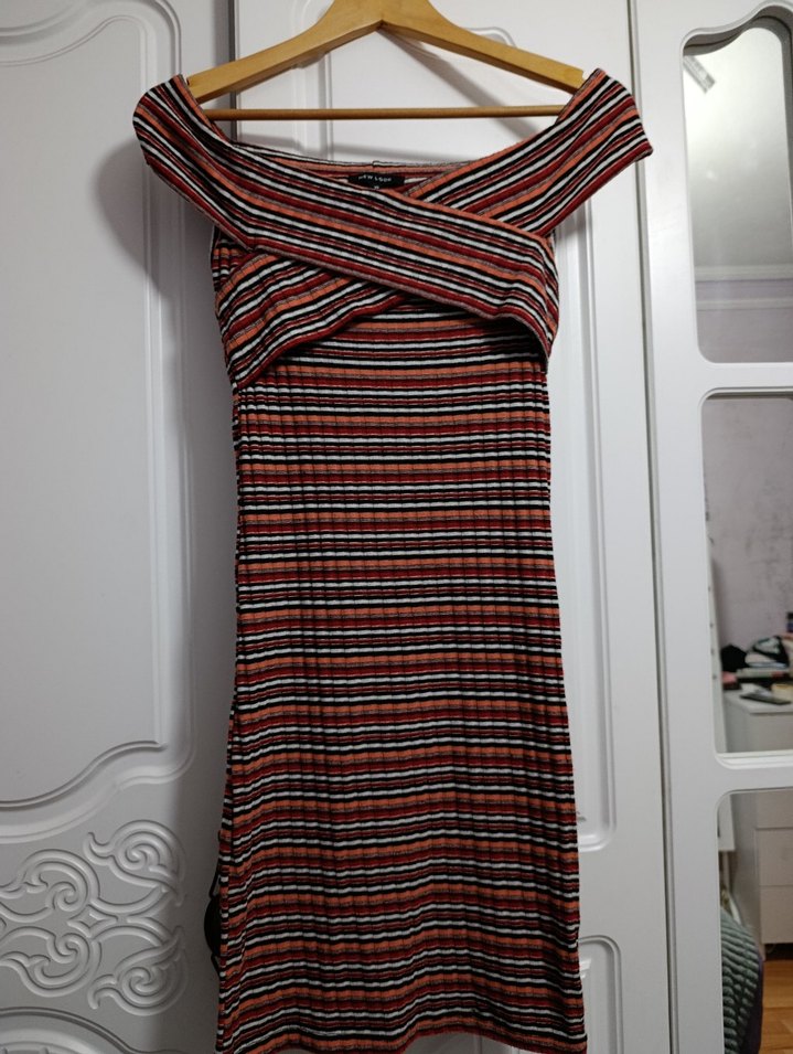 Çizgili, Pilili Mini Kadın Elbise - Görsel 2