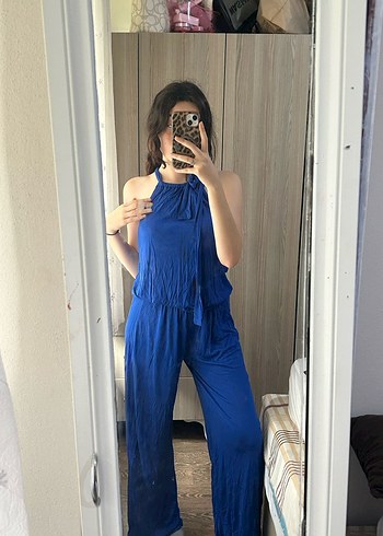 xl Beden Kadın Mavi Halter Yaka Salaş Tulum