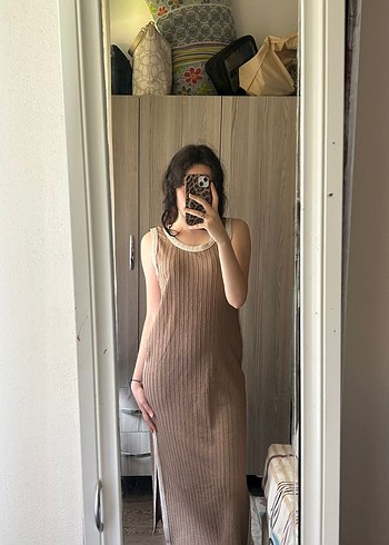 l Beden camel Renk Bej Midi Fitilli Triko Elbise